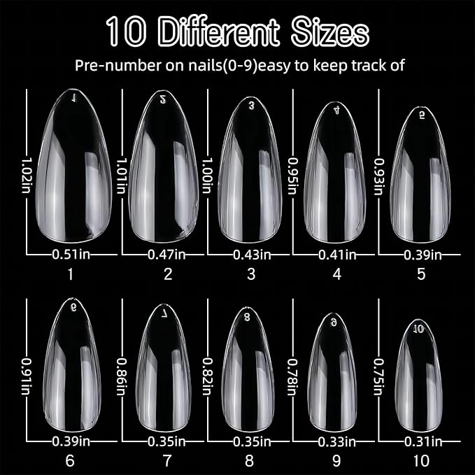 1000Pcs Short Full Cover Almond & Square Nail Tips Gel x Clear Set,10 Size Clear Press On False Nail Tips for Manicure Art Home DIY Salon