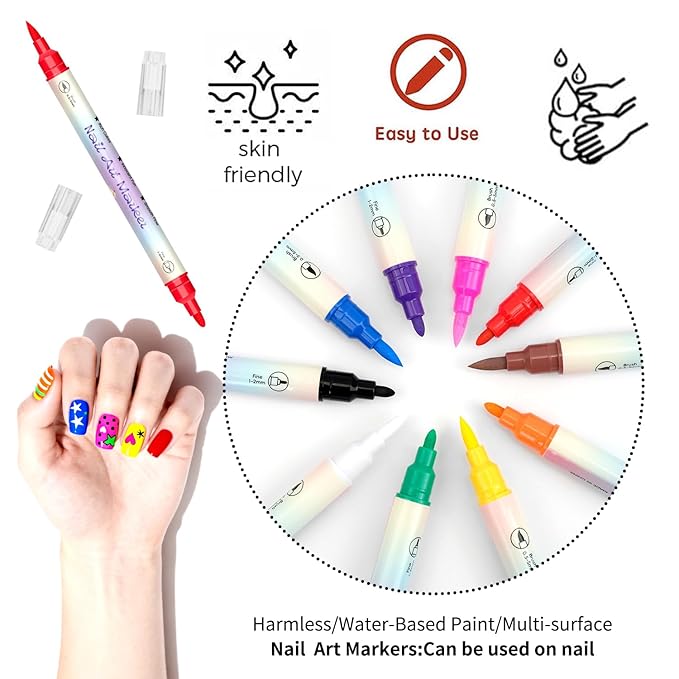 12 Colors Nail Art Pens Set, Dual-Tip Nail Polish Pens, Nail Art Markers, Multifunctional 3D Acrylic Paint Nail Art Marker Pens for Nail Art DIY Point Dotting Graffiti Drawing, Quick-Dry Waterproof