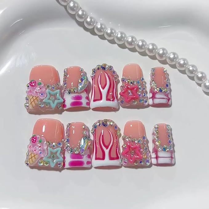 10 Pcs Thick Press on Nails Medium Duck Handmade Nails with Glue,Nude Pink False Nails Luxury Rhinestone Fake Nails with Red Dot Glossy Acrylic Reusable Stick on Nail for Women（Size M）