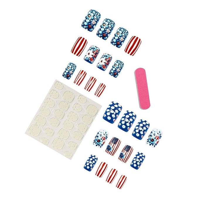 4th of July Press On Nails Medium Square 24 Pcs Acrylic Nails with Floral Red White Stripes Designs Glossy Glue on Nails for Women Girls