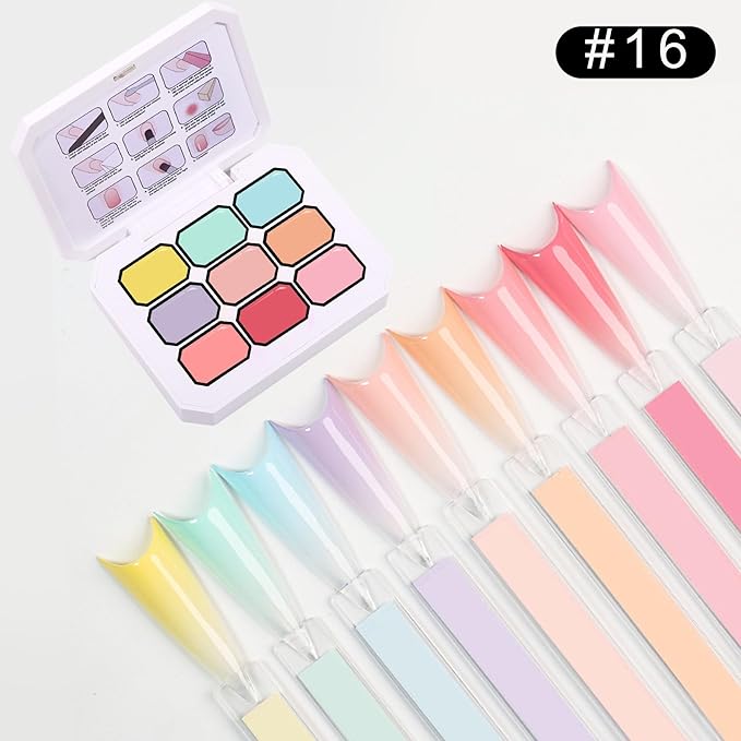 Gradient Ombre Nail Polish Kit, 9 Colors, 100 Sponges, French Manicure Tool Set with Stickers (Cotton Cloud Ombre Set #16)