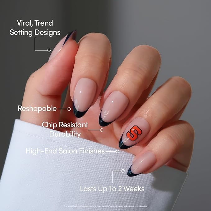 Glamnetic x Fanatics Press On Nails - Syracuse Orange | Short Almond Fake Nails, Collegiate Blue French Tips, College Nails, Salon-Quality | 15 Sizes - 30 Nail Kit with Glue