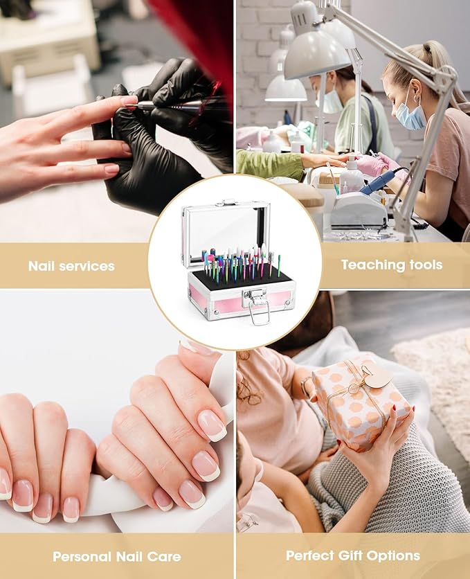 Onism 30Pcs Nail Drill Bits Set, 3/32" Tungsten Carbide Ceramic Quartz Kit with 75 Sanding Bands (#80/120/180), 40-Slot Expandable Organizer Box for Acrylic Gel Removal & Prep, Pink