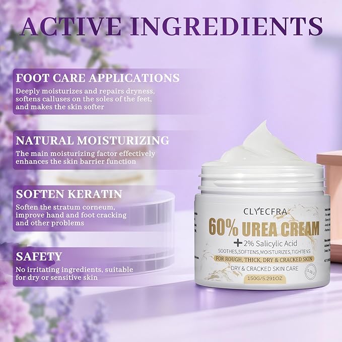5-in-1 60% Urea Cream with 2% Salicylic Acid, Urea Cream 60 Percent for Feet & Hands- Maximum Strength Moisturizer for Rough, Dry, Thick & Cracked Skin, Callus Remover, Deep Hydration, 150g