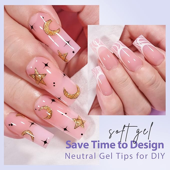 BTArtbox XCOATTIPS Soft Gel Nail Tips - Matte Long Square Press On Nails Pink Colored Natural with Tip Primer Cover, One-Step Full Cover Fake Nails Gel Nails for Nail Extensions Art