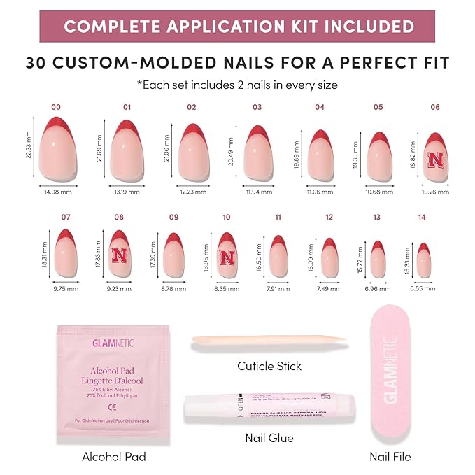 Glamnetic x Fanatics Press On Nails - Nebraska Cornhuskers | Short Almond Fake Nails, Collegiate Cornhuskers Red French Tips, College Nails, Salon-Quality | 15 Sizes - 30 Nail Kit with Glue