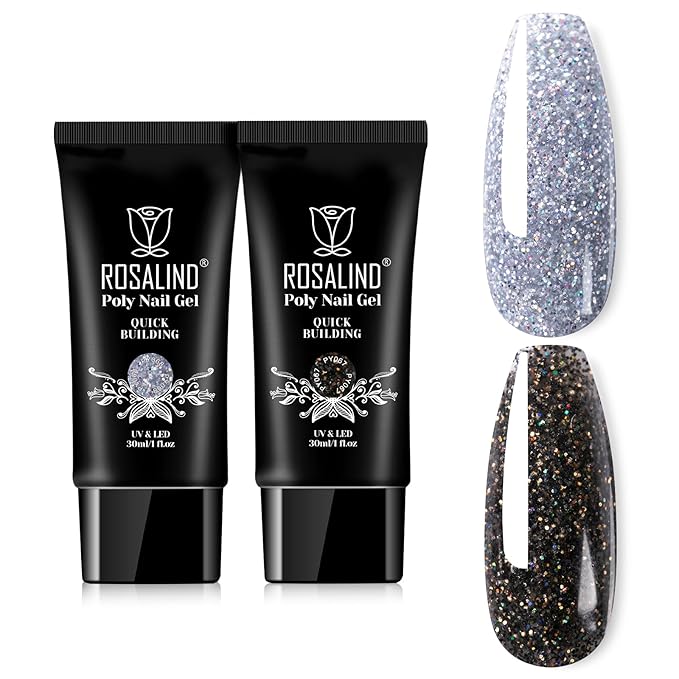 ROSALIND Glitter Black&Silver Extension Gel, 2 PCS 1oz/30ml Glitter Black Silver Poly Nail Gel kit Builder Diamond Gel for Nail Art, Nail Thickening Poly Nail Gel Tube Need UV Lamp