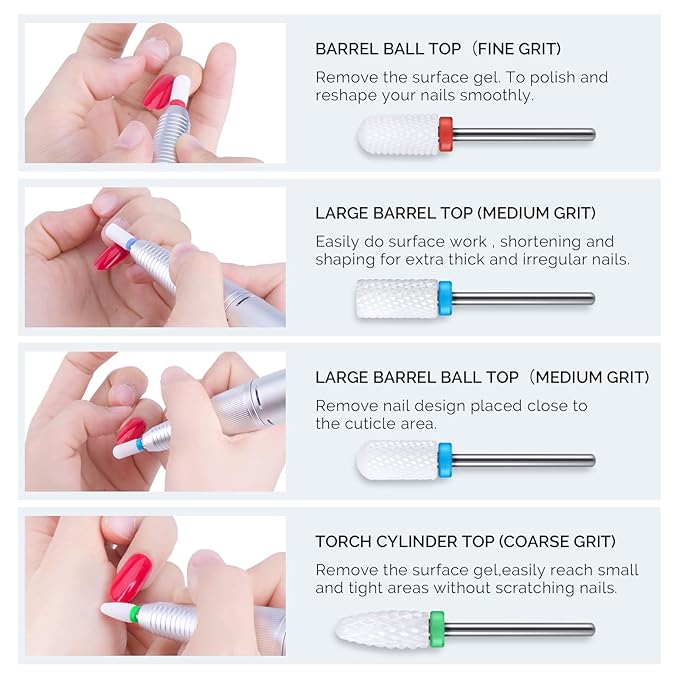 MelodySusie Ceramic Nail Drill Bits Set, 3/32'' (2.35mm) Professional Acrylic Nail File Drill Bit for Manicure Pedicure Cuticle Gel Nail Polishing 4 Pcs