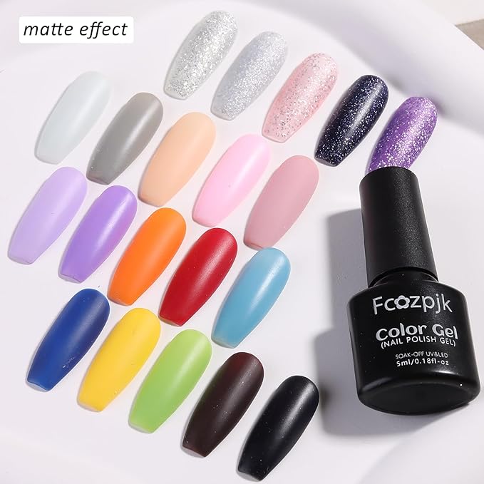 Gel Nail Polish Set With UV Light, 20 Pcs Nude Pink Blue Black White Gel Nail Polish Kit With Base Gels Top Coat and Nails Art Stickers Soak Off Sparkle Glitter Polishes Home Manicure