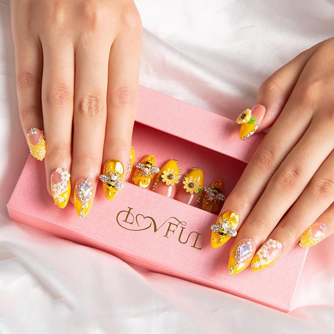 LOVFUL Press on Nails Honey Bee Yellow | Handmade with Full Covered Crystals | Reusable Fake Nails | Almond Regular 1.0 in | H101-L