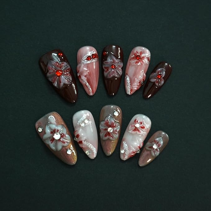 Handmade Floral Press on Nails - Medium Almond 3D Embossed Rhinestones & Red Ombre, Thick Acrylic Gel Nails for Parties, Valentine's Day (Evil Flower,L)