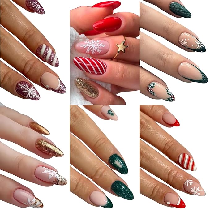 6 Packs (144 Pcs) Christmas Press on Nails Medium Almond Fake Nails Winter Xmas False Nails with Designs Snowflake Glue on Nails Full Cover Glossy Acrylic Stick on Nail for Women Girls Manicure