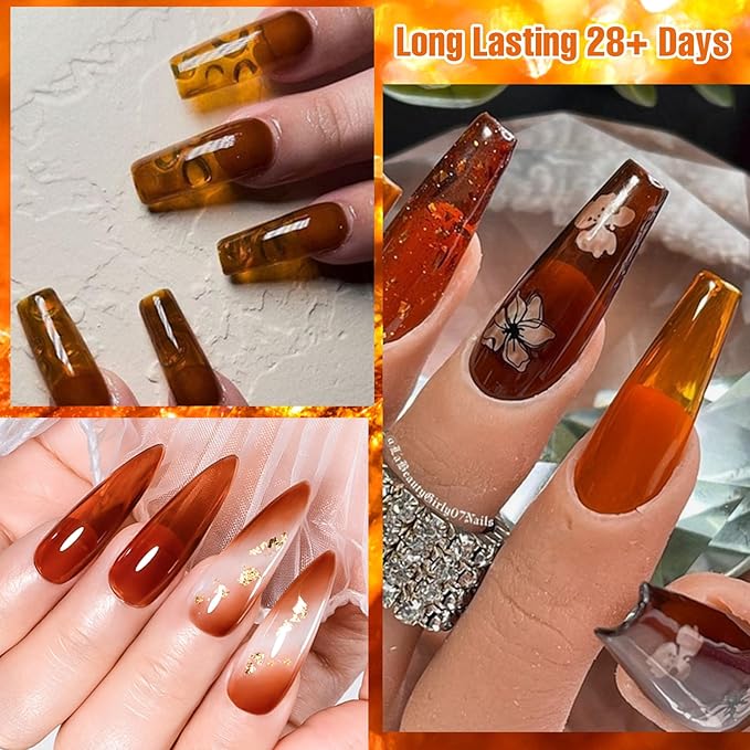 MTSSII Nude Brown Jelly Gel Nail Polish Set 6PCS Jelly Gel Polish Kit Crystal Nail Polish Red Coral Caramel Orange Amber Brown Green Nail Art Manicure DIY Gift