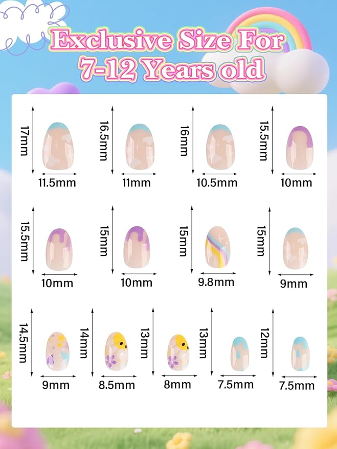 26 Pieces Press on Nail Kid, EBANKU Cloud Fake Nails for Kids Mini Glue on Nail Almond False Nail for Girls 6-12 Years