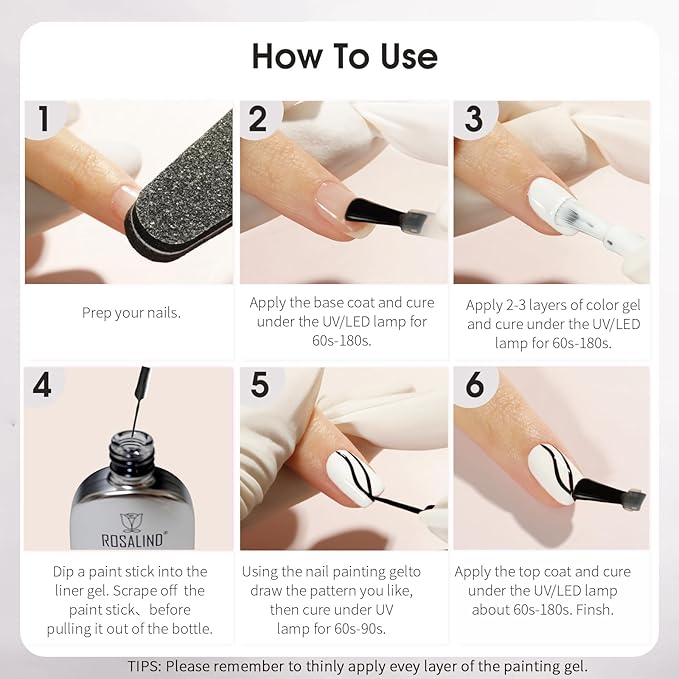 ROSALIND Gel Liner Polish Nail Art Set- 2pcs 11ml Black and White Gel Liner Nail Polish for French Tips Swirl Nails Built Thin Nails Art Brush UV Soak off Gifts for Women
