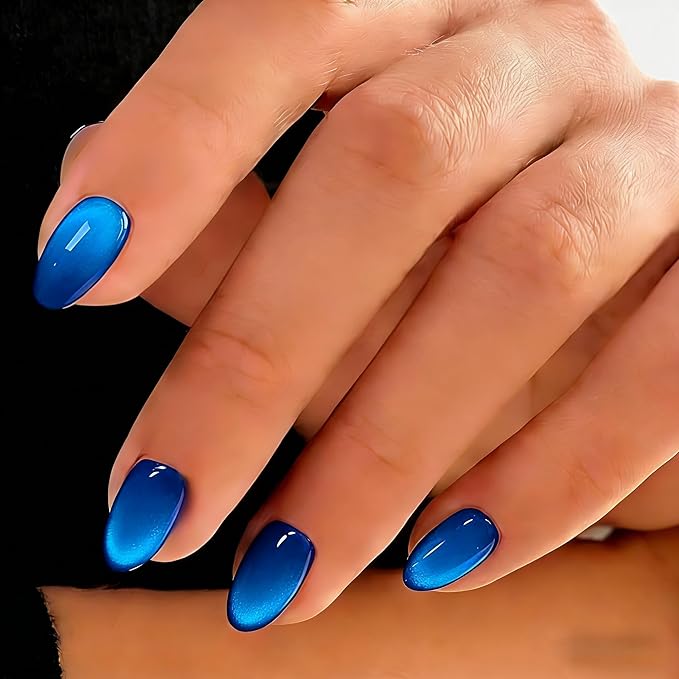 Cat Eye Press on Nails Short, Chrome Press on Nails Oval, Thick Glazed Virant Royal Blue Fake Nails Press ons for Women, Reusable Magnet Bling Glitter Glue On Nails Almond in 15 Sizes, 30 Pcs