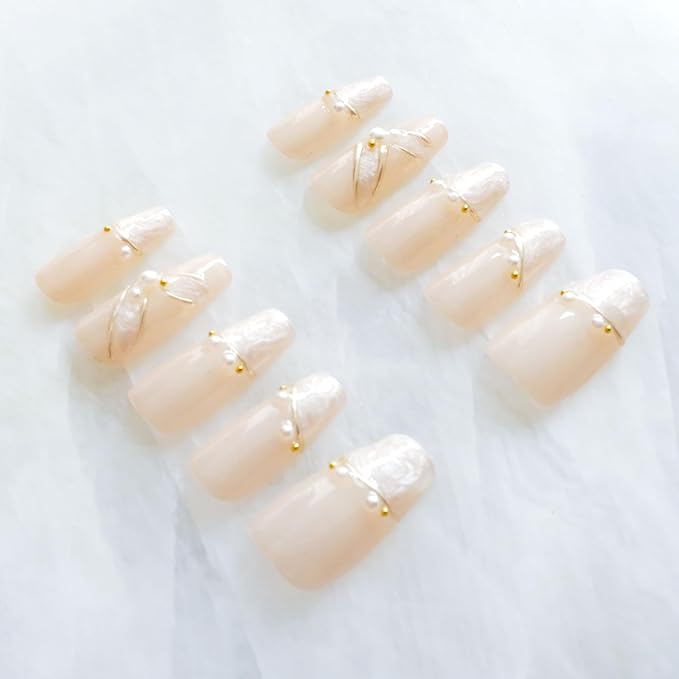 [GLORS] Luxury Pearl Press-on Nails, Long Ballerina Shape, Gold Accented Artificial Nails Set, Handmade False Nail 10 Pieces (XS, LS)