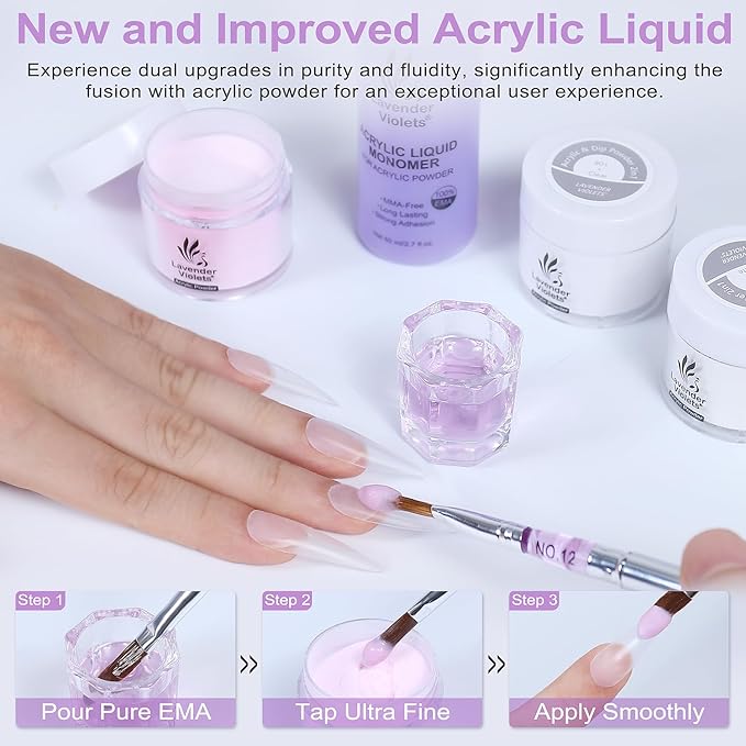 LAVENDER VIOLETS Acrylic Nail Kit for Beginners - 30g Clear White Pink Powder and 80ml Acrylic Liquid Set with Brush, Nail Forms, and Tools Professional Nail Set for Home DIY N301