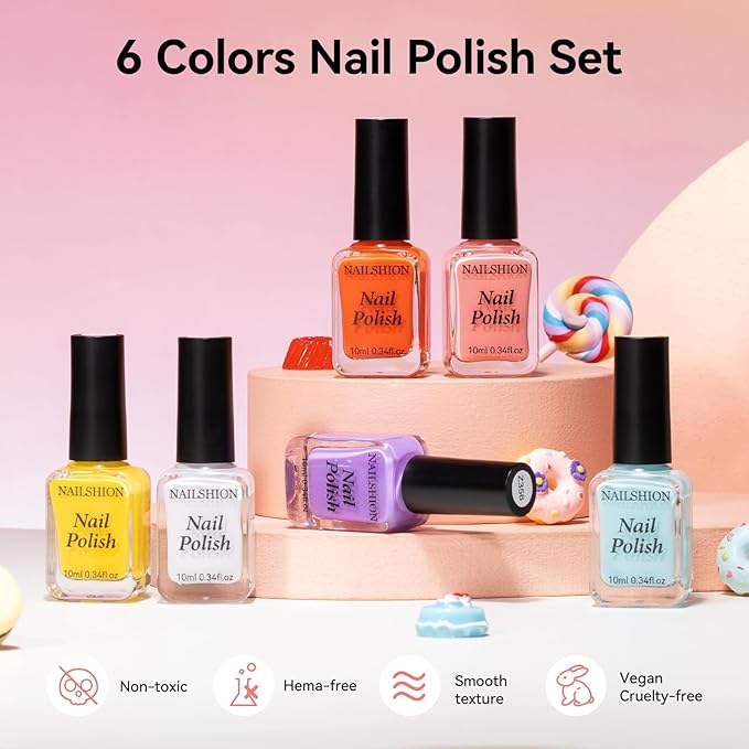 Nail Polish Set: 6 Pastel Candy Dopamine Colors Orange Milky Quick Dry Regular Nail Polish Pack, Vegan Cruelty-free, Rich in Castor Oil, Holiday Party Nail Art DIY Home Travel Manicure Gift