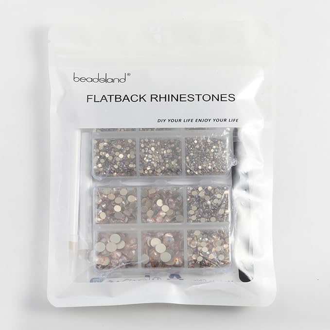 Beadsland 8300PCS Flatback Rhinestones, Gold Rhinestone Round Crystal Rhinestones for Crafts, Mixed 10 Sizes with Wax Pencil and Tweezer Kit, SS3-SS30, Golden Shadow
