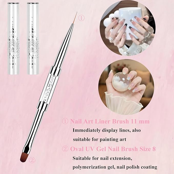 2PCS Professional French Tip Brush Set, French Tip Nail Gel Liner Brush, Dual-Ended Nail Design Brushes Rhinestone Handle Nail Brush for Builder Gel&Polygel,Salon-Grade Nail Art Design Tools