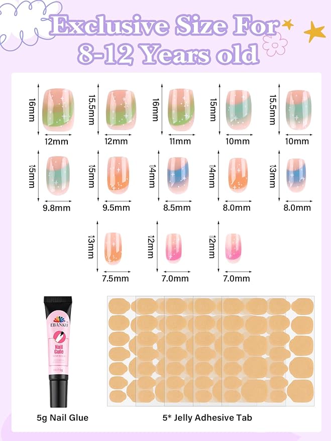EBANKU 130 Pcs Press on Nail Kids, 5 Pack French Flower Kid Flase Nails Kit with Nail Glue Set Fake Nail for Girls 5-10 Years Christmas Gift Set