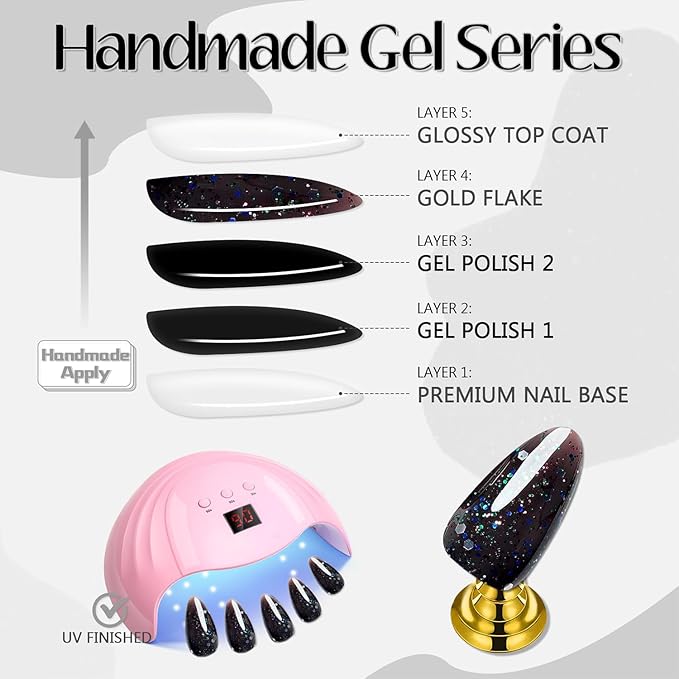 GLAMERMAID Glitter Black Press on Nails Medium Almond, Handmade Glossy Jelly Soft Gel Glue on Nails Stiletto, Galaxy Shrimmer Fake Nails Short Oval, Reusable Acrylic Stick on False Nails Kit for Women