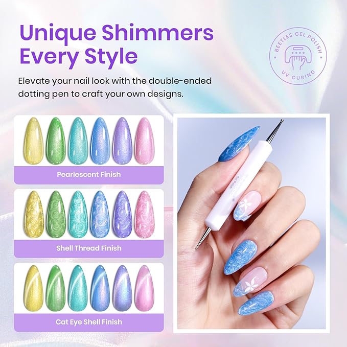 Beetles Cat Eye Gel Nail Polish - 6 Colors Summer Shimmer Pearl Cat Eye Nail Polish Set with Magnet Rainbow Mermaid Swirl Shell Thread Yellow Pink Blue Purple Green DIY Manicure Gifts for Women