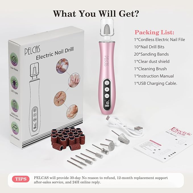 PELCAS Electric Nail File, 10 Speeds Cordless Nail Drill Kit with LED Light, Professional Nail Grinder with LCD Screen Portable e File for Human, Pet, Thick Toenails, Natural & Acrylic Nails Pink