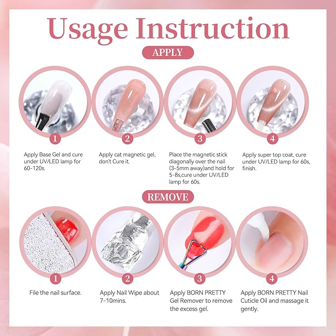Born Pretty Pink Cat Magnetic Eye Gel Nail Polish Jelly Nude Soft Rose Pink Crystal Glass Magnetic Shimmer Glitter Nail Polish Salon Gel Manicure and Nail Art DIY at Home 7ML 6PCS
