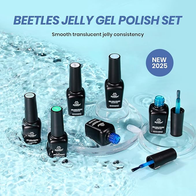 Beetles Jelly Gel Nail Polish Set, 6 Summer Colors Milky White Blue Green Turquoise Shimmer Translucent Sheer Color Gel Polish Kit Soak off Uv Nail Concealer Bubble Splash Series Gift for Women
