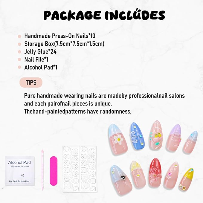 Handmade Flower Press on Nails Blue French Tip Fake Nails with Stars Designs 3D White Flower & Water Ripple False Nail Full Cover Medium Almond Artificial Acrylic Nails for Women（Size M)