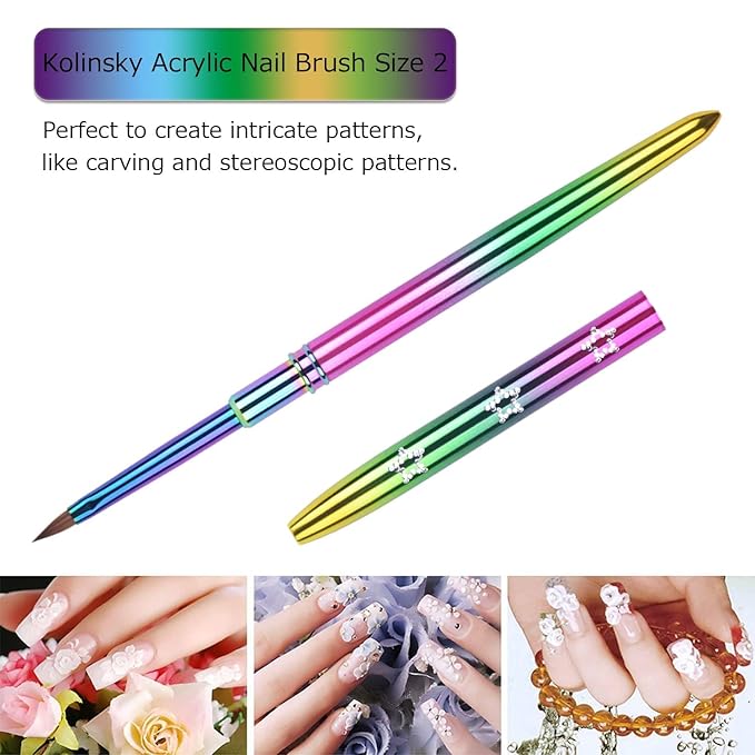 2Pcs Kolinsky Acrylic Nail Brush Set Rainbow Handle 3D Nail Art Brushes Size 2 & 4