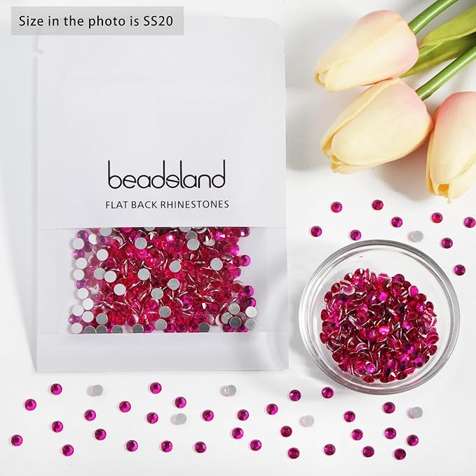 Beadsland 1440pcs Flat Back Crystal Rhinestones Round Gems for Nail Art and Craft Glue Fix, Hot Pink, SS12, 3.0-3.2mm