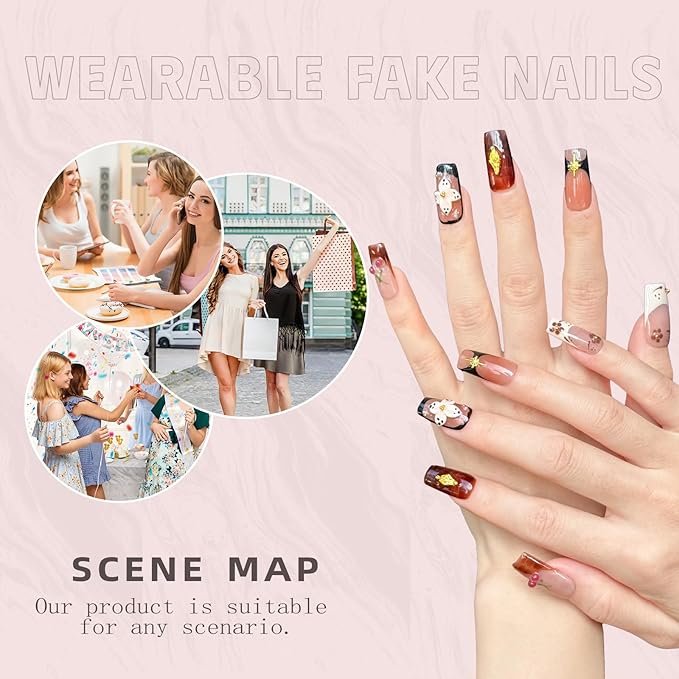 Handmade Long Square Press On Nails - 3D Flower & Cherry French Design, Reusable Acrylic Full Cover Nails (S-10PCS)