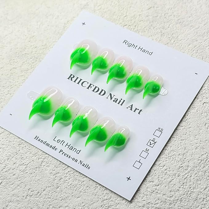 10 Pcs Cat Claw Press on Nails Medium Curved Stiletto False Nails Luxury 3D Green French Tip Cat Claw Handmade Fake Nails Unique Thick Gradient Designs Glossy Acrylic Glue on Nail (S)