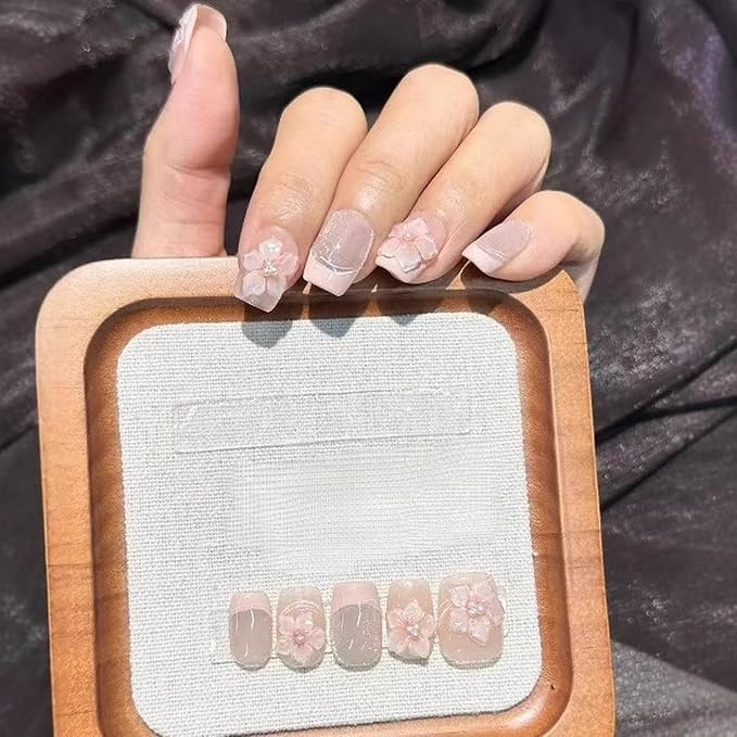 Pink Flower Press on Nails Handmade Press on Nails Short Square Fake Nails with 3D Flower Rhinestones Designs French False Nails Stick on Nails Full Cover Acrylic Nails for Women Nails DIY (Size M)