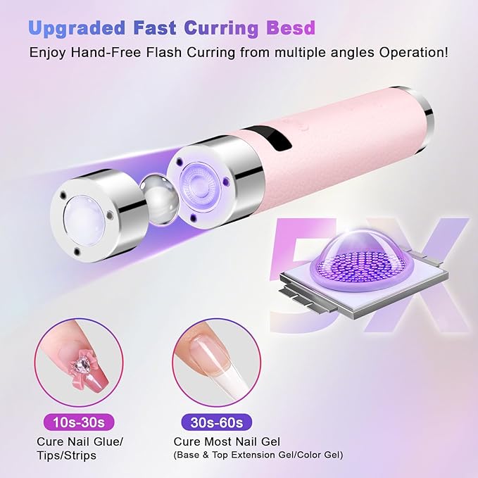 Mini UV Light for Nails with Auto Sensor & Gooseneck Stand,Portable Cordless Nail Lamp Flash Cure Lamp with LCD Display,Handheld UV Light for Gel Nails at Salon & Home Use (Pink)