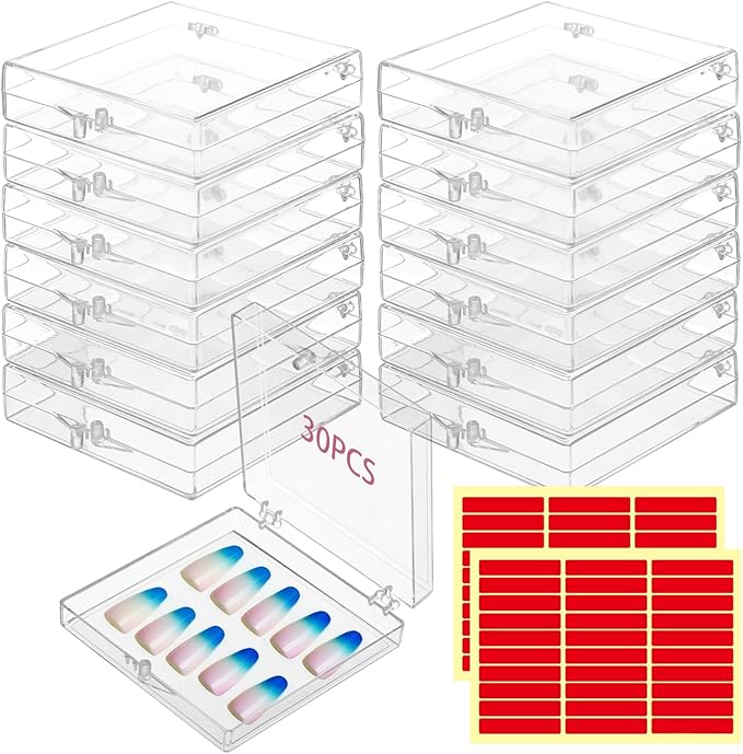 30 PCS Press on Nail Storage Boxes, Clear Nail Container with Double-Sided Tape, Acrylic Artificial Nail Display Box, Transparent Acrylic Nail Organizer Case, Small Acrylic Box for Nail Salon