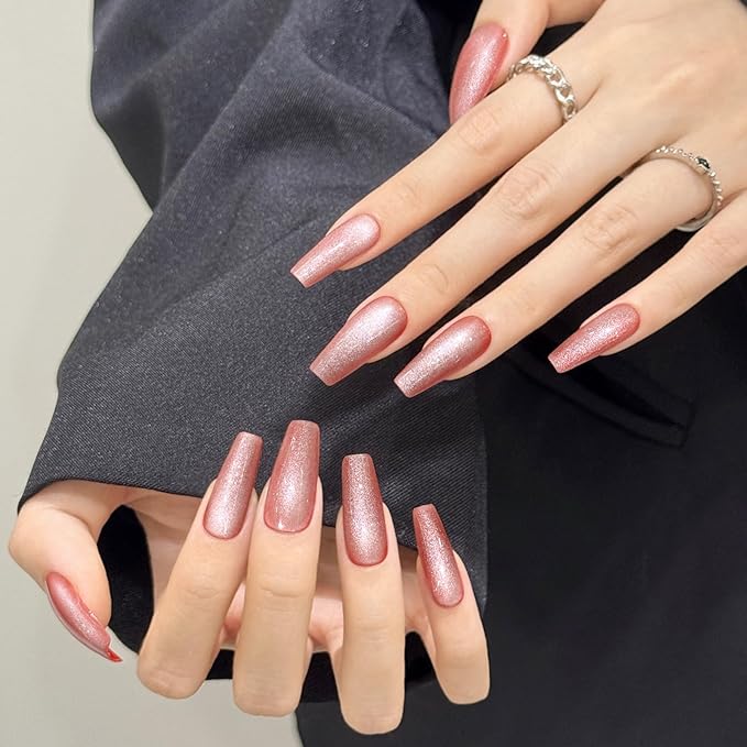 Red Cat Eyes Press On Nails,12 Sizes - 24 Pcs Soft Gel Medium Coffin Fake Nails Kit with Nail Glue, Natural Reusable Stick On False Nails for Women and Girls (Skycloud Red Nails) SK0980