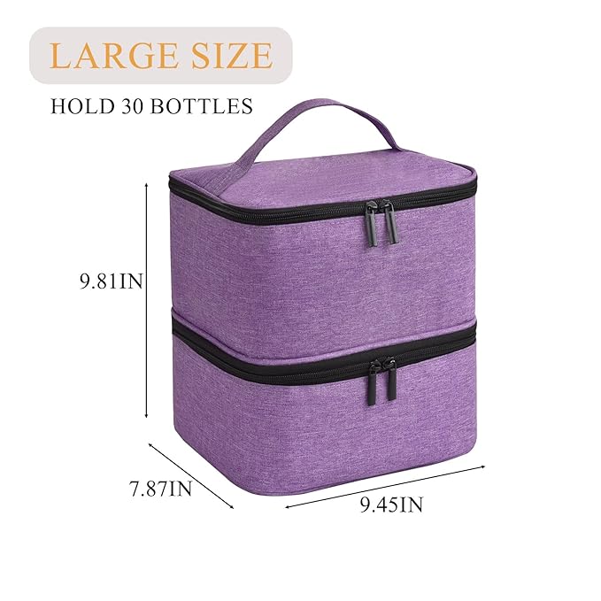 Upgraded Nail Polish Organizer Case - Holds 30 Bottles and 1 Nail Light, Double-layer Nail Bag Organzier Case Nail Polish Storage Bag with Handles (Style B-Purple)