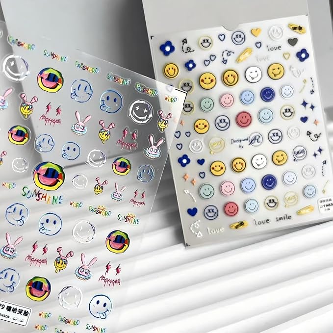 Dedyel Smile Nail Art Stickers 5D Embossed Cute Smile Face Kawaii Self-Adhesive Nail Stickers for Women Girls Kids Nail Art Decoration