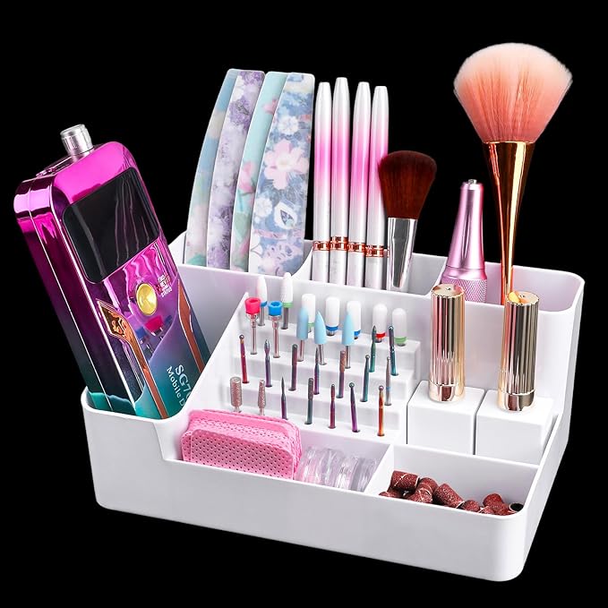 Nail Drill Holder & 28 Holes Nail Drill Bits Holder, Transparent Acrylic Nail Drill Machine Storage Box, Professional Nail Drill Organizer Case for Manicure tools, White