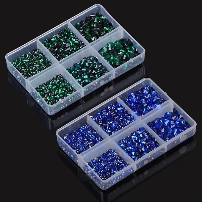 LPBeads 6000 Pieces Emerald and Sapphire Non Hotfix Rhinestones 6 Sizes Round Crystal Glass Flat Back Rhinestones with Tweezers and Picking Pen for Nail Art Crafts Clothes Bags DIY