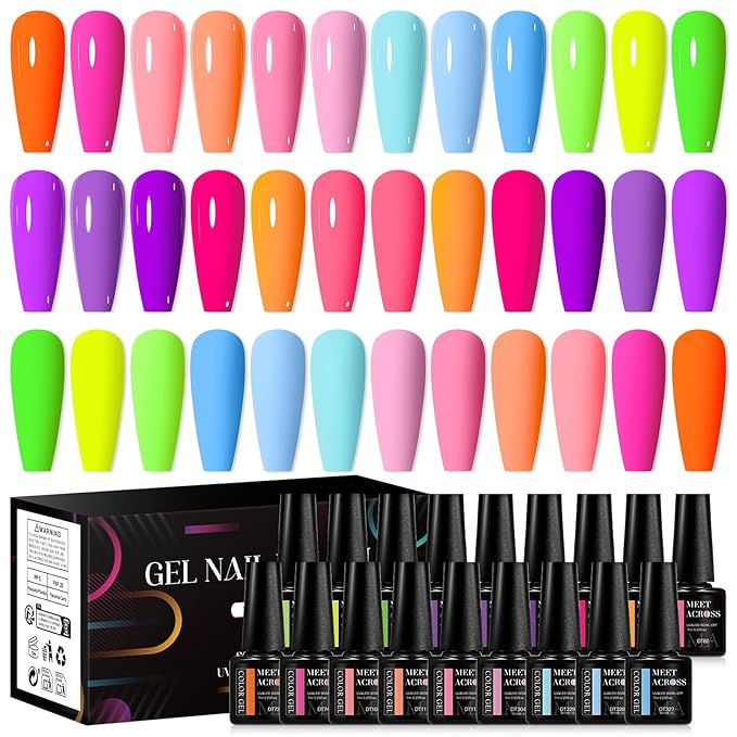 MEET ACROSS 18Pcs Gel Polish Kit Pink Purple Sky Blue Green Orange Bright Color Rainbow Gel Nail Polish Set All Season Manicure Gift for Women