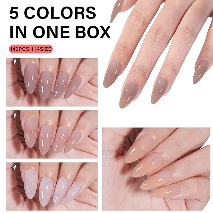 AILLSA Press on Nails Almond 140 PCS Fake Nails 4 in 1 Medium Glossy Nude Nails Press Ons, Long Lasting Pre-Shaped Gel Nails Natural False Nail for Nail Art DIY Women
