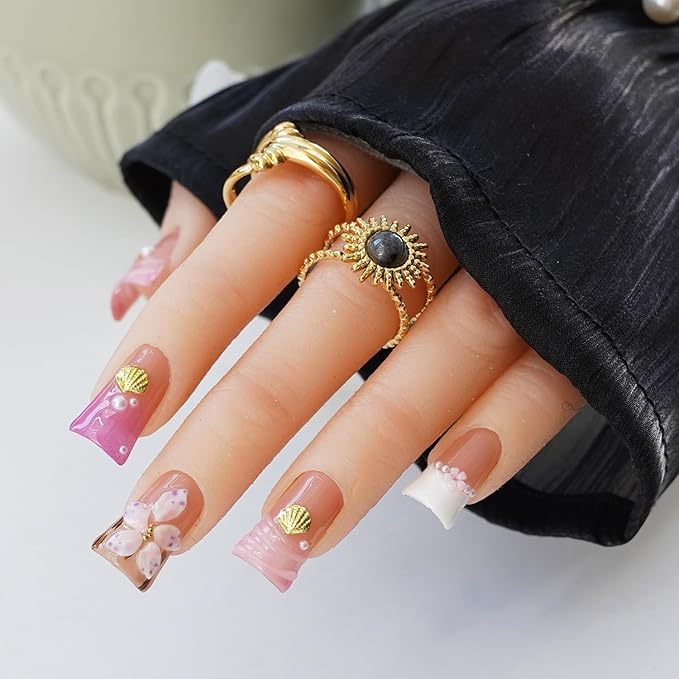 10pcs Handmade Press on Nails for Women - Medium Duck Curve 3D Thick Acrylic Fake Nails Reusable,Designer Floral Butterfly Rhinestones Bling Boho Funky Y2k Nail-art Set,L,pink floral