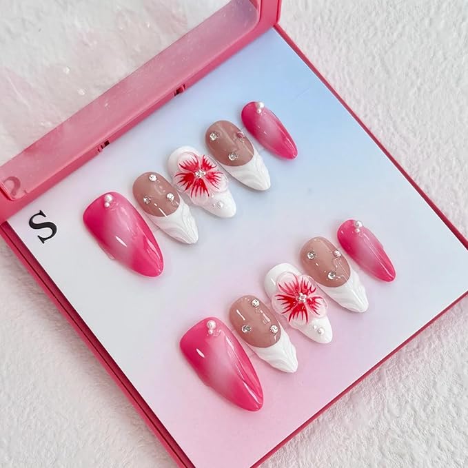 Luxury Press on Nails Medium Almond Handmade 3D Unique Reusable ABS Material Fake Nails White French Tip False Nails with Designs Flower Art Petal Pink Glossy Glue on Nails Thick Acrylic Nails(S)