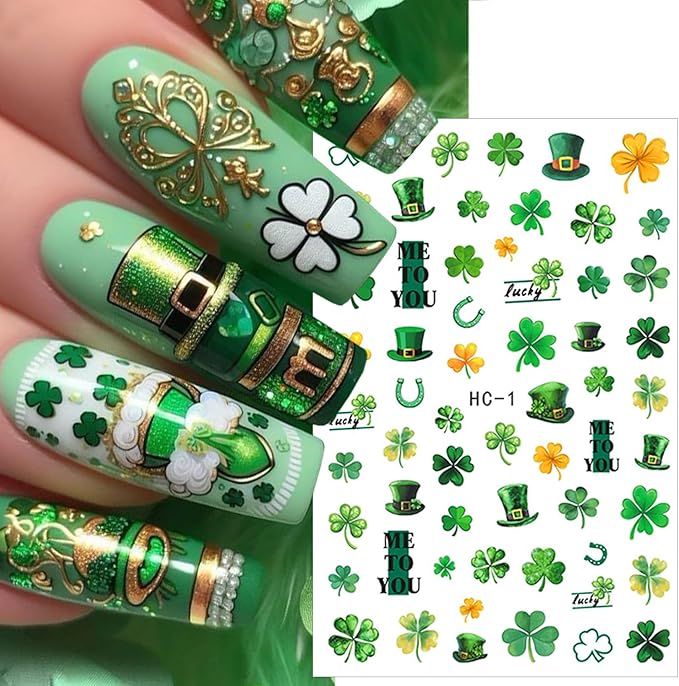 6 Sheets St Patricks Day Nail Stickers Lucky Rainbow Clover Nail Art Stickers Irish Flag Horseshoe Hat Beer Gold Coins Shamrocks Nail Decor 3D Self-Adhesive St. Patrick's Day Nail Decals for Women