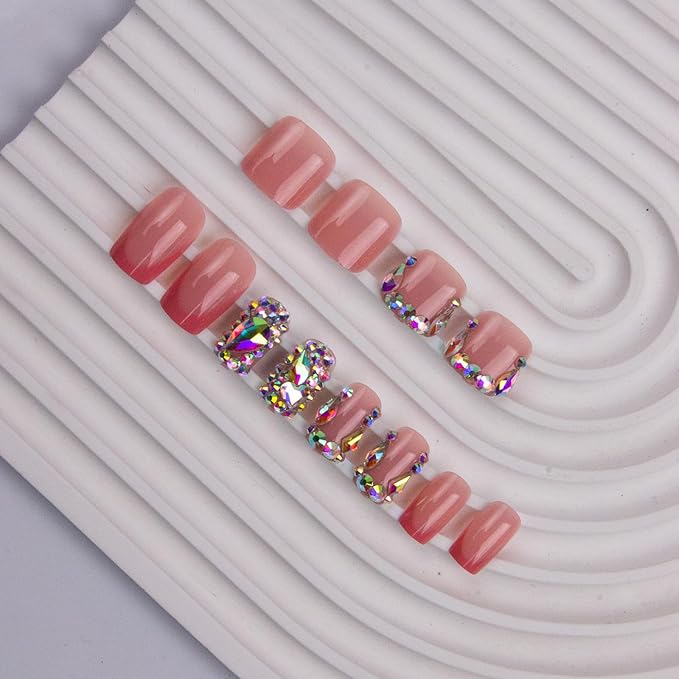 48Pcs Square Press on Nails Short & Press on Toenails Set, Pink French Tip Press on Nails with Rhinestone Design Fake Nails Short Press on Toe Nails for Women Manicure Kit